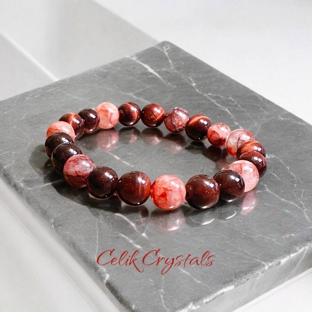 Red Tiger Eye and Fire Quartz Bracelet Natural Stones 10mm Unisex Stretc…